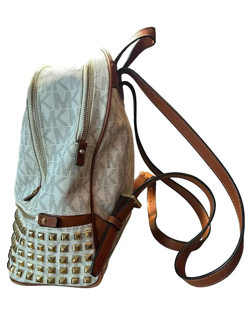 Michael Kors Studded Logo Backpack Cream Tan Leather Trim